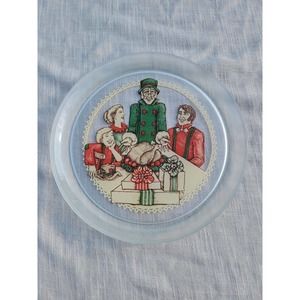 Tiara Vintage glass serving dish with Scrooge, Tiny Tim, Christmas dinner family
